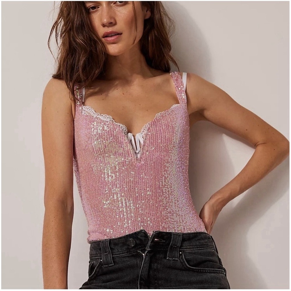 Free People Pink Sequin Lace-Trim Bodysuit